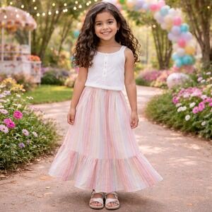 Paisley Lane Girls Pink Orange Striped Ruffle Maxi Skirt Size‎ 10 Boho Cute